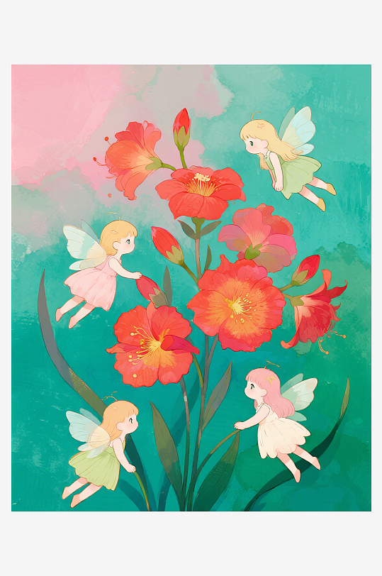 几只穿着小裙子的有翅膀的花仙子在花丛中飞-众图网