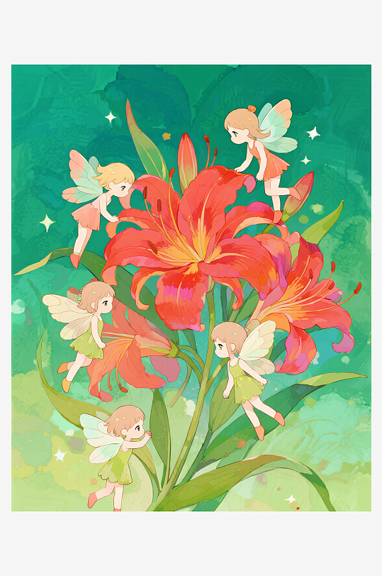 几只穿着小裙子的有翅膀的花仙子在花丛中飞-众图网