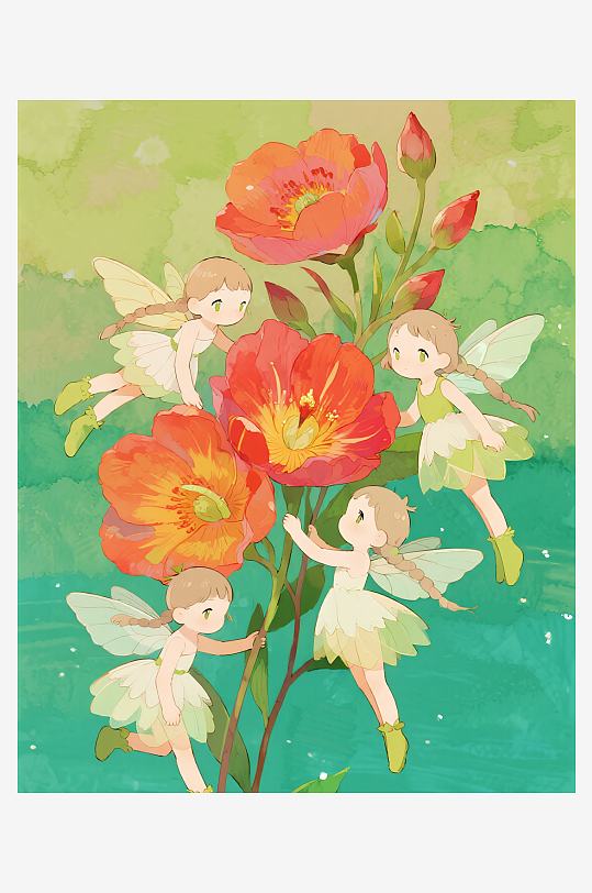 几只穿着小裙子的有翅膀的花仙子在花丛中飞-众图网