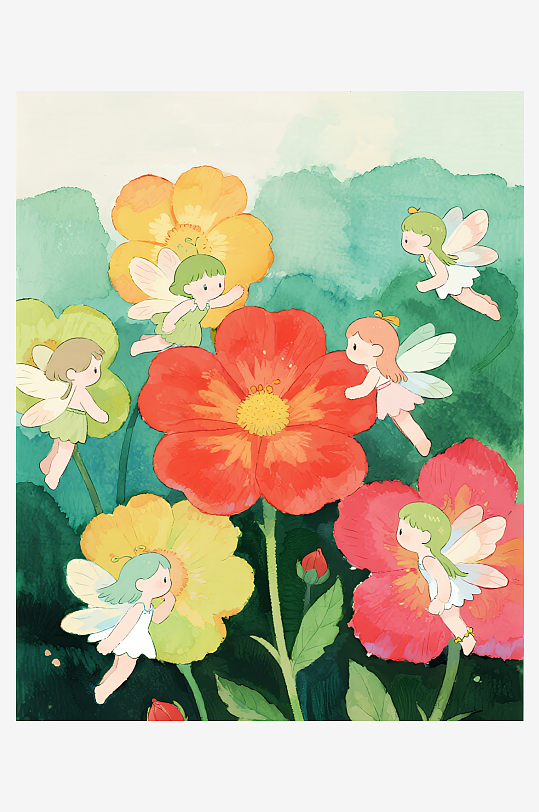 几只穿着小裙子的有翅膀的花仙子在花丛中飞-众图网