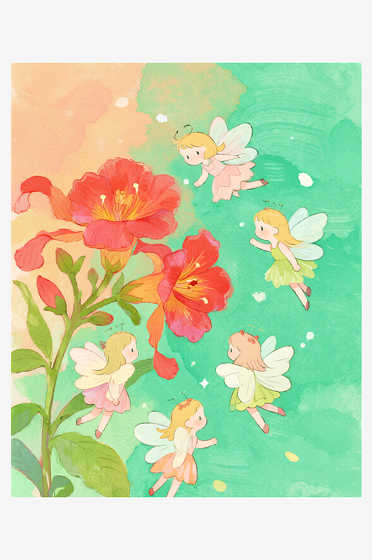 几只穿着小裙子的有翅膀的花仙子在花丛中飞-众图网