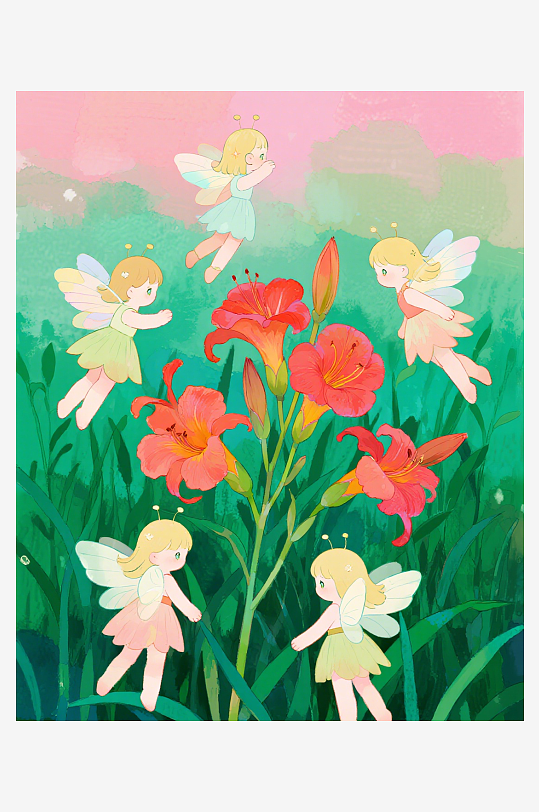 几只穿着小裙子的有翅膀的花仙子在花丛中飞-众图网