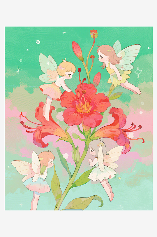 几只穿着小裙子的有翅膀的花仙子在花丛中飞-众图网
