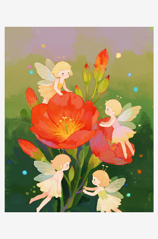 几只穿着小裙子的有翅膀的花仙子在花丛中飞-众图网
