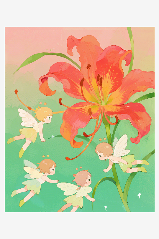 几只穿着小裙子的有翅膀的花仙子在花丛中飞-众图网