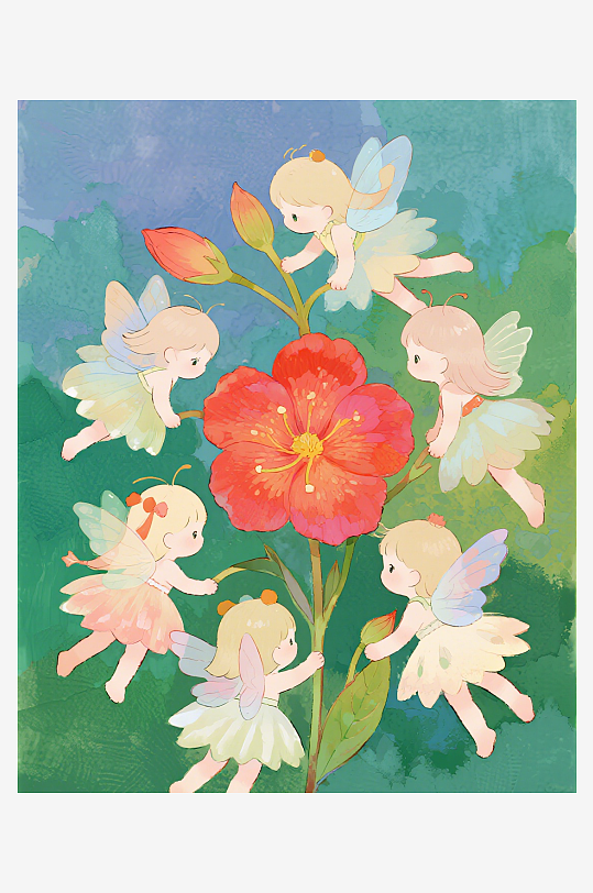 几只穿着小裙子的有翅膀的花仙子在花丛中飞-众图网