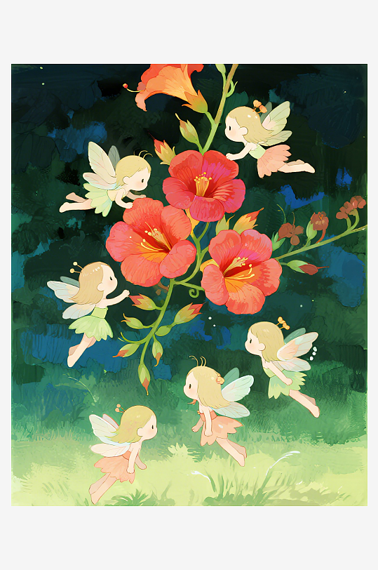 几只穿着小裙子的有翅膀的花仙子在花丛中飞-众图网