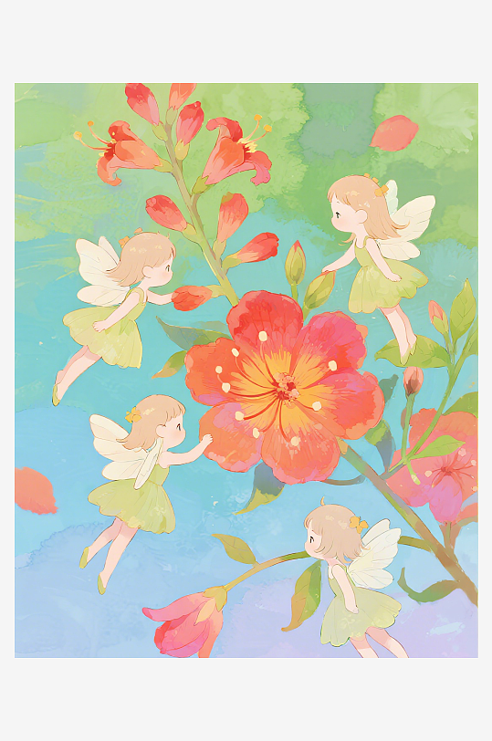 几只穿着小裙子的有翅膀的花仙子在花丛中飞-众图网