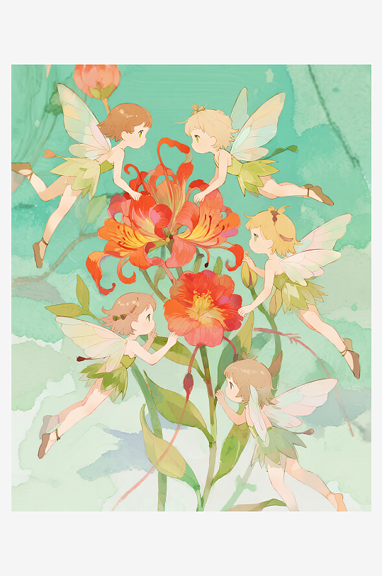 几只穿着小裙子的有翅膀的花仙子在花丛中飞-众图网