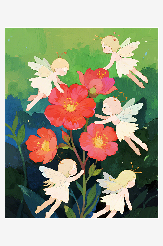 几只穿着小裙子的有翅膀的花仙子在花丛中飞-众图网
