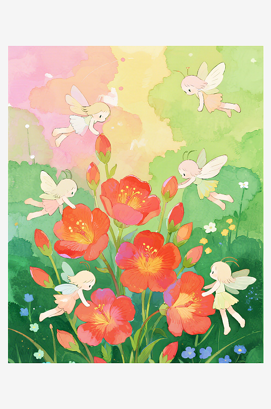 几只穿着小裙子的有翅膀的花仙子在花丛中飞-众图网