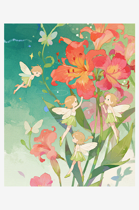 几只穿着小裙子的有翅膀的花仙子在花丛中飞-众图网