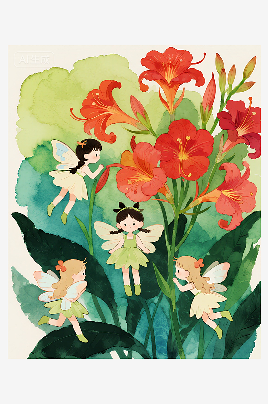 几只穿着小裙子的有翅膀的花仙子在花丛中飞-众图网