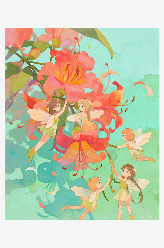 几只穿着小裙子的有翅膀的花仙子在花丛中飞-众图网