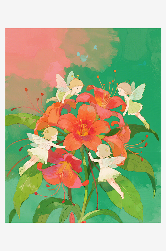 几只穿着小裙子的有翅膀的花仙子在花丛中飞-众图网