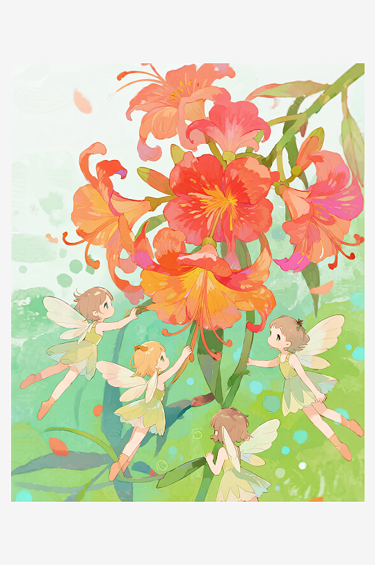 几只穿着小裙子的有翅膀的花仙子在花丛中飞-众图网
