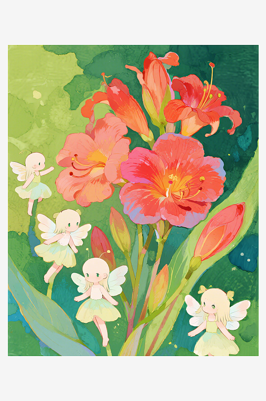 几只穿着小裙子的有翅膀的花仙子在花丛中飞-众图网