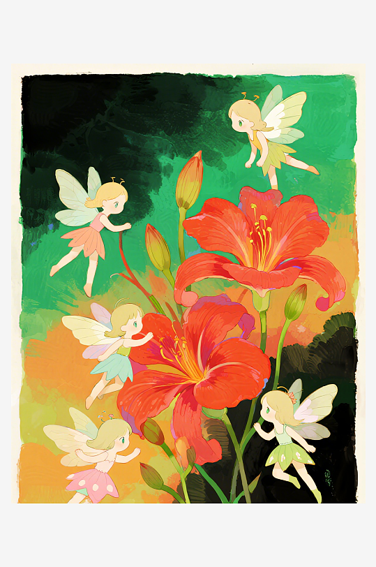 几只穿着小裙子的有翅膀的花仙子在花丛中飞-众图网