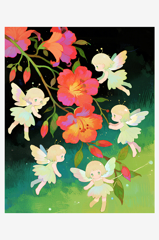 几只穿着小裙子的有翅膀的花仙子在花丛中飞-众图网