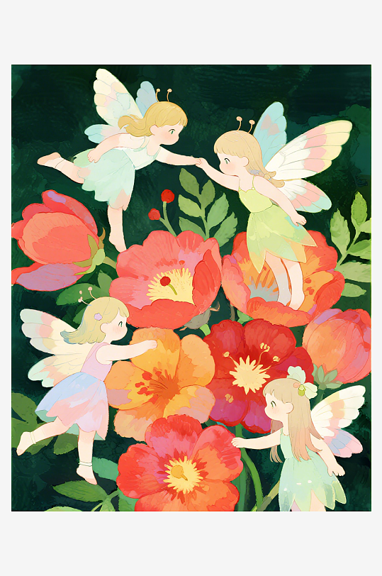 几只穿着小裙子的有翅膀的花仙子在花丛中飞-众图网