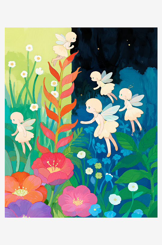 几只穿着小裙子的有翅膀的花仙子在花丛中飞-众图网