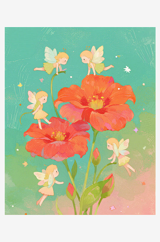 几只穿着小裙子的有翅膀的花仙子在花丛中飞-众图网