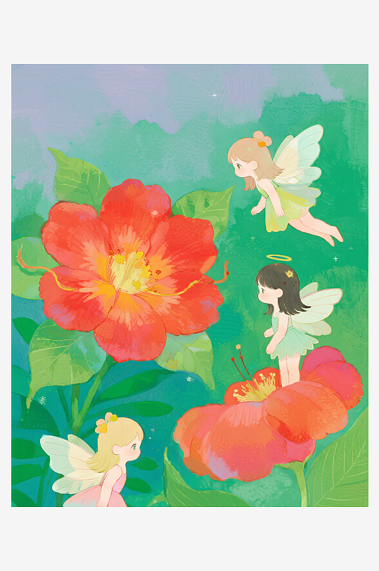 几只穿着小裙子的有翅膀的花仙子在花丛中飞-众图网