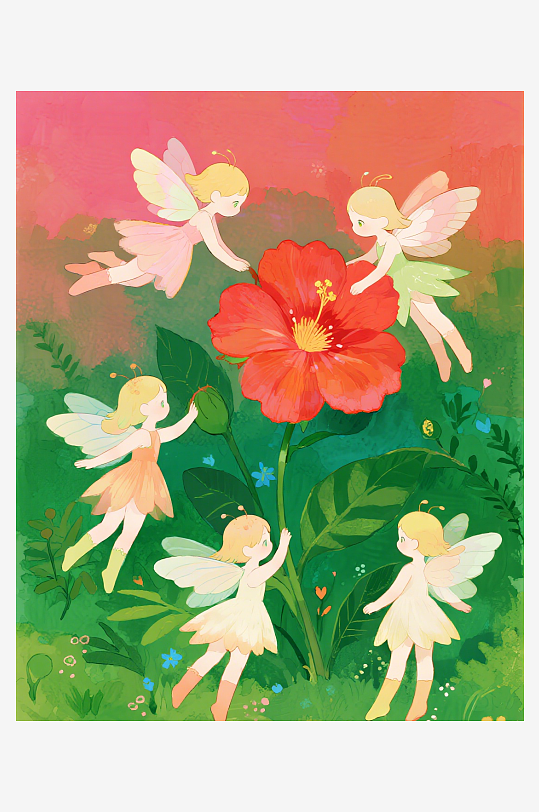 有透明翅膀的穿着小裙子的花仙子在花丛中飞-众图网