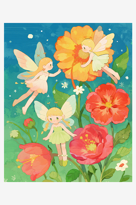 有透明翅膀的穿着小裙子的花仙子在花丛中飞-众图网