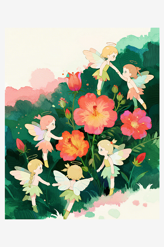 有透明翅膀的穿着小裙子的花仙子在花丛中飞-众图网