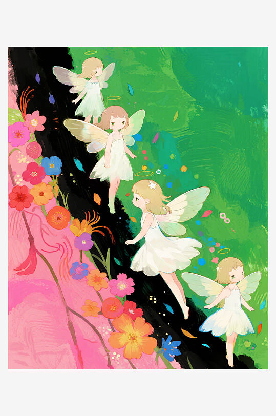 有透明翅膀的穿着小裙子的花仙子在花丛中飞-众图网