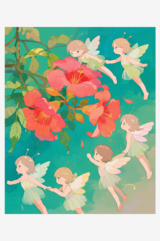 有透明翅膀的穿着小裙子的花仙子在花丛中飞-众图网