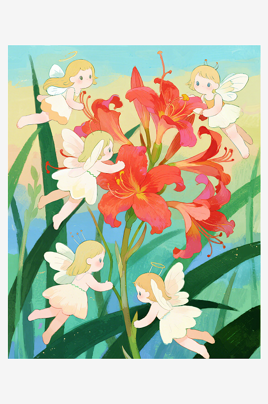 有透明翅膀的穿着小裙子的花仙子在花丛中飞-众图网