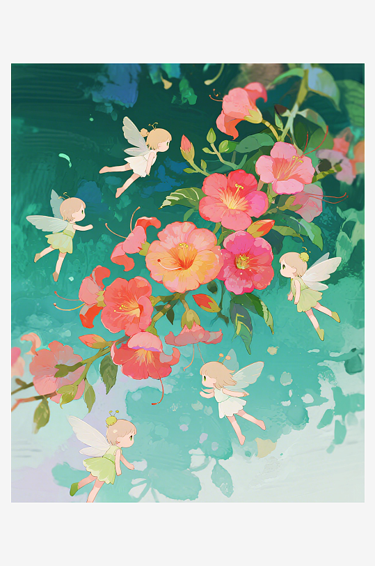 有透明翅膀的穿着小裙子的花仙子在花丛中飞-众图网