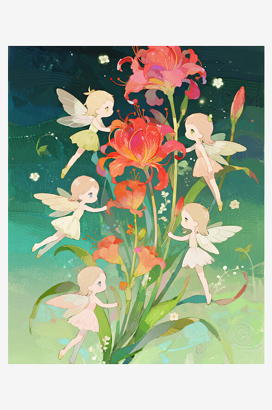 有透明翅膀的穿着小裙子的花仙子在花丛中飞-众图网