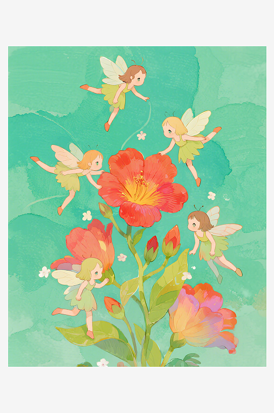 有透明翅膀的穿着小裙子的花仙子在花丛中飞-众图网