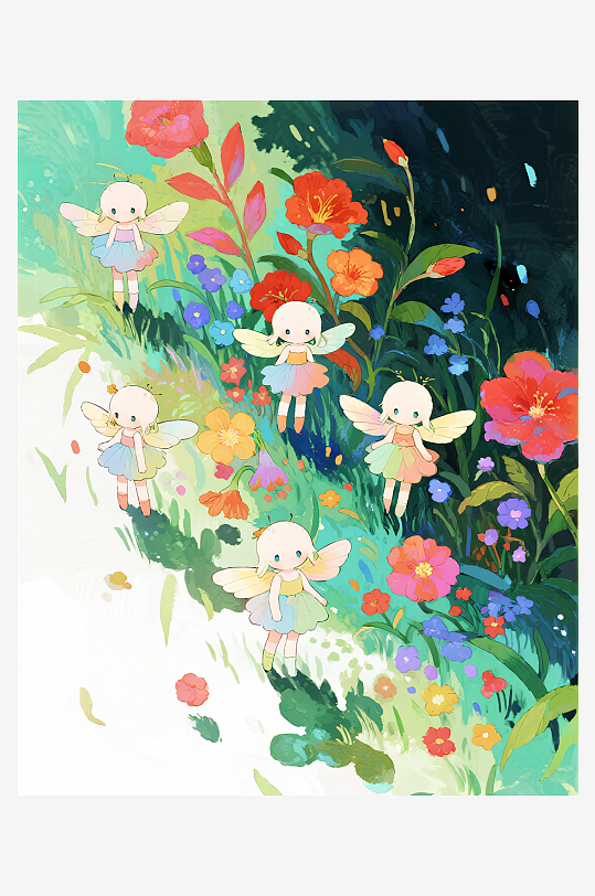 有透明翅膀的穿着小裙子的花仙子在花丛中飞-众图网
