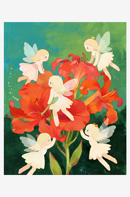 有透明翅膀的穿着小裙子的花仙子在花丛中飞-众图网