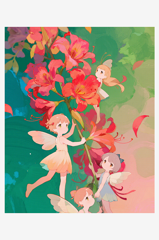 有透明翅膀的穿着小裙子的花仙子在花丛中飞-众图网