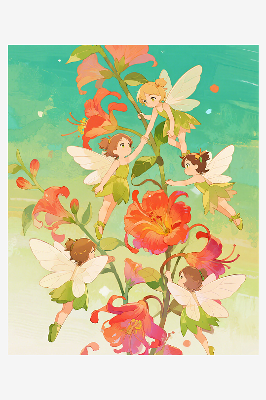 有透明翅膀的穿着小裙子的花仙子在花丛中飞-众图网