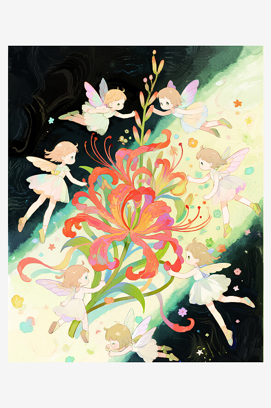 有透明翅膀的穿着小裙子的花仙子在花丛中飞-众图网