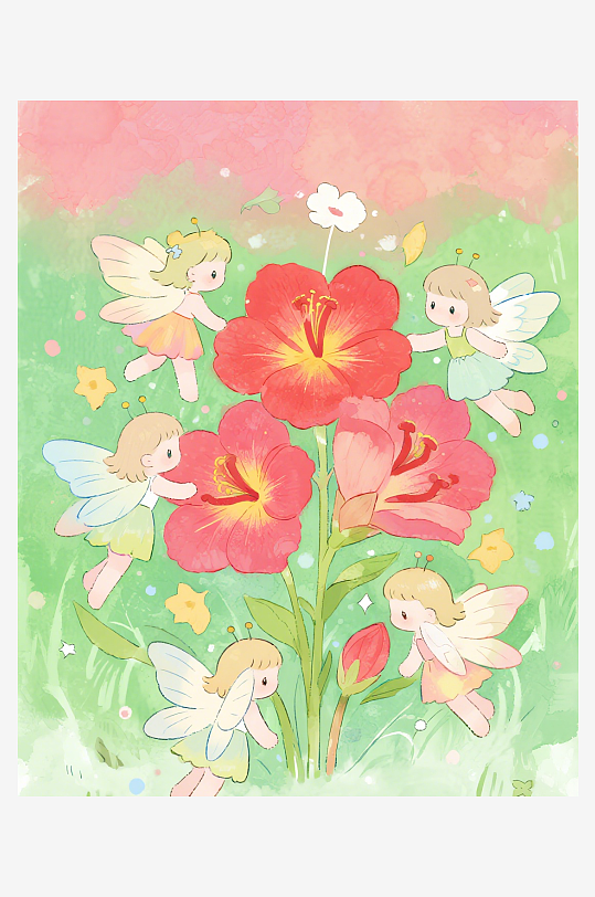 有透明翅膀的穿着小裙子的花仙子在花丛中飞-众图网