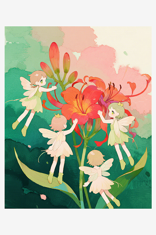 有透明翅膀的穿着小裙子的花仙子在花丛中飞-众图网