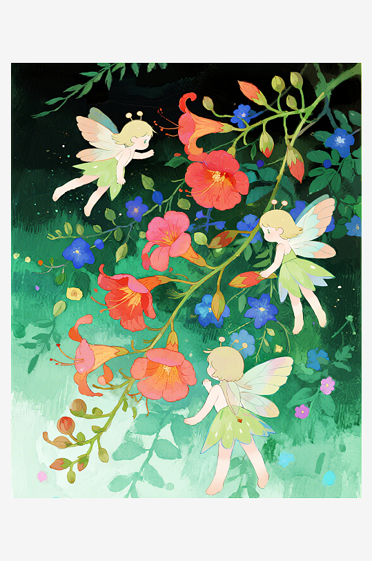 有透明翅膀的穿着小裙子的花仙子在花丛中飞-众图网