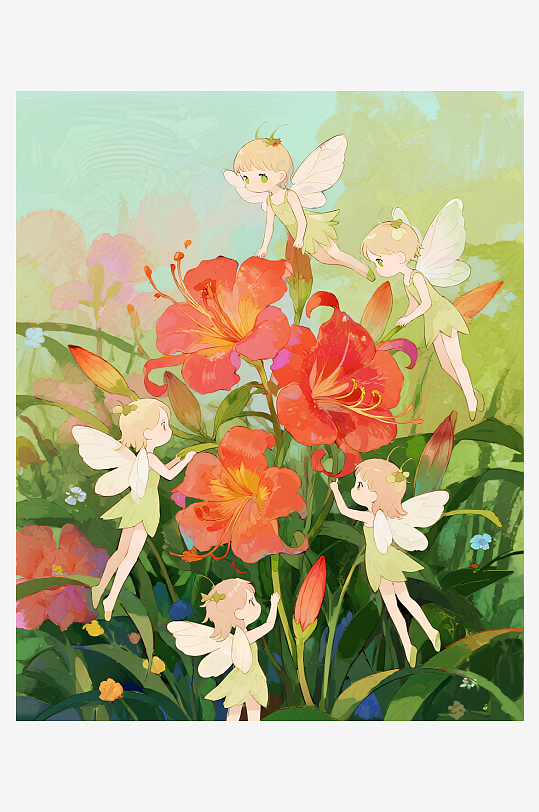 有透明翅膀的穿着小裙子的花仙子在花丛中飞-众图网