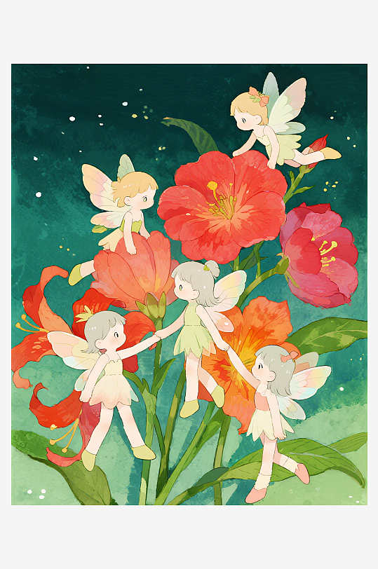 有透明翅膀的穿着小裙子的花仙子在花丛中飞-众图网