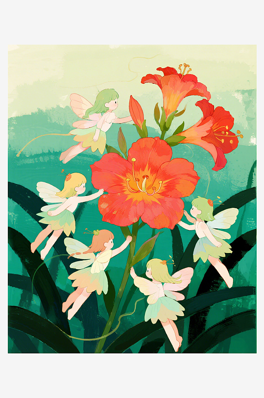 有透明翅膀的穿着小裙子的花仙子在花丛中飞-众图网