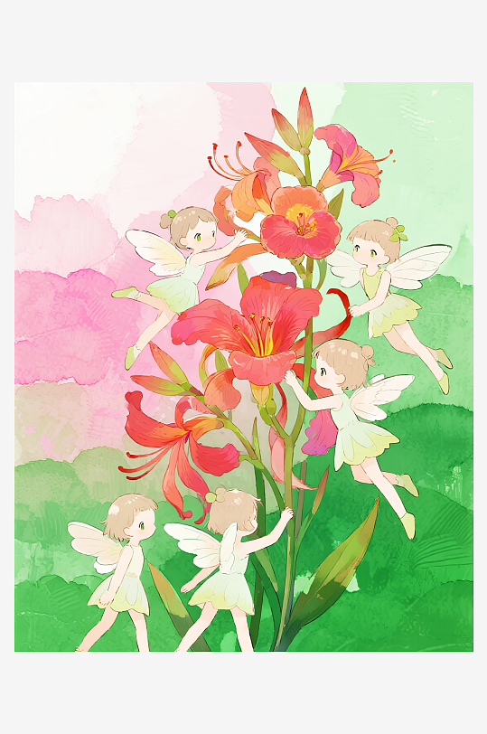 有透明翅膀的穿着小裙子的花仙子在花丛中飞-众图网