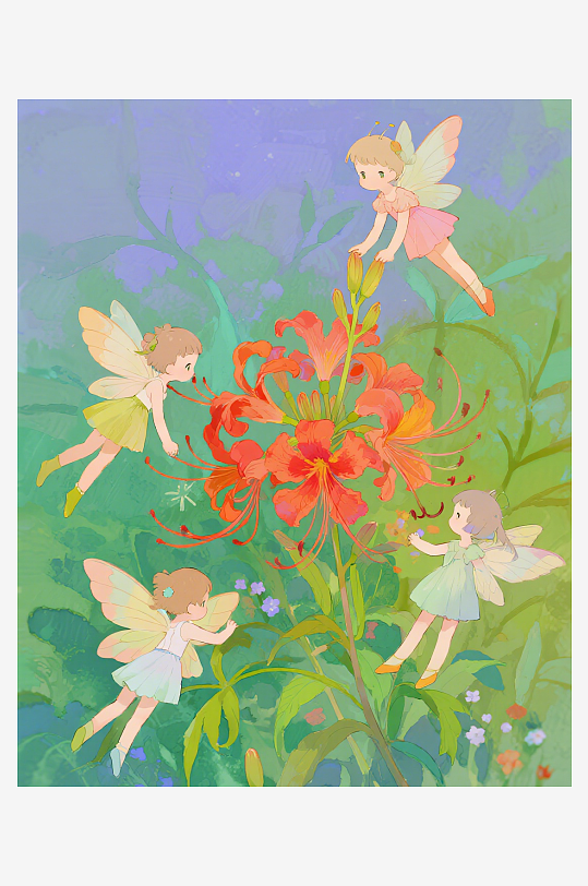 有透明翅膀的穿着小裙子的花仙子在花丛中飞-众图网