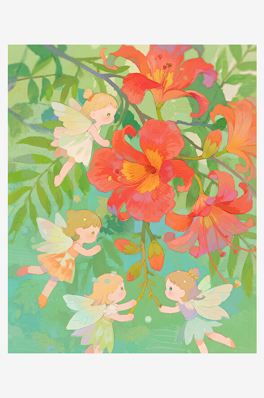 有透明翅膀的穿着小裙子的花仙子在花丛中飞-众图网